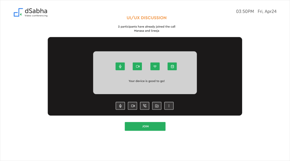Snapshot of video conferencing app - meeting homescreen before the user enters the meeting