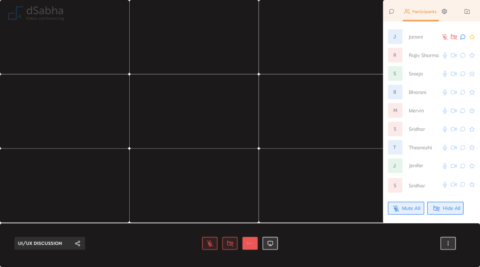 Snapshot of video conferencing tool features - a view of selective mute feature showing the list of muted and unmuted participants, showing how selective mute works  in the video conferencing app