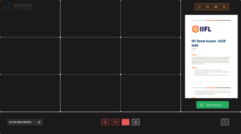 Snapshot of video conferencing tool features - a view of file display feature in the app along with the participants tile view